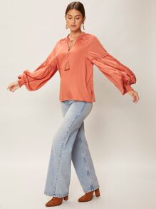 SHEIN VCAY Viscose Balloon Sleeve Top - Coral Orange - View 6