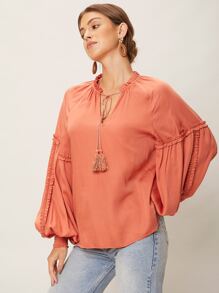 SHEIN VCAY Viscose Balloon Sleeve Top - Coral Orange - View 7