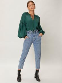 SHEIN Essnce Viscose Balloon Sleeve Top - Dark Green - View 5