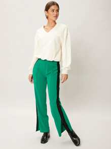 SHEIN Unity Quần nữ Dây kéo Sọc bên Khối Màu Giải trí - màu xanh lá - Xem 8