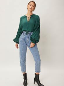 SHEIN Essnce Viscose Balloon Sleeve Top - Dark Green - View 6