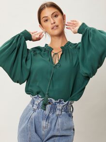 SHEIN Essnce Viscose Balloon Sleeve Top - Dark Green - View 7
