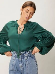 SHEIN Essnce Viscose Balloon Sleeve Top - Dark Green - View 8