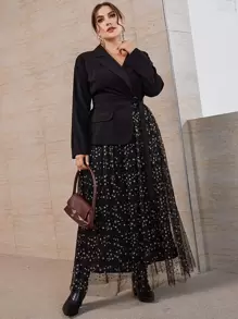 SHEIN LUNE Đầm Plus Size Thắt lưng Tương phản Mesh Thiên hà Thanh lịch - màu đen - Xem 1