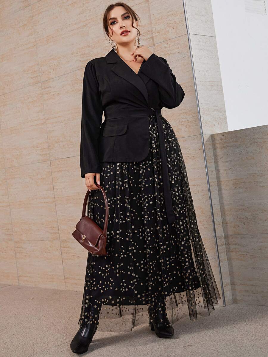 SHEIN LUNE Đầm Plus Size Thắt lưng Tương phản Mesh Thiên hà Thanh lịch - màu đen - Xem 1