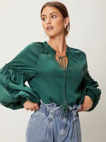 SHEIN Essnce Viscose Balloon Sleeve Top - Dark Green - View 9