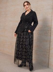 SHEIN LUNE Đầm Plus Size Thắt lưng Tương phản Mesh Thiên hà Thanh lịch - màu đen - Xem 3