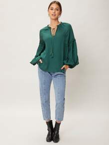 SHEIN Essnce Viscose Balloon Sleeve Top - Dark Green - View 10