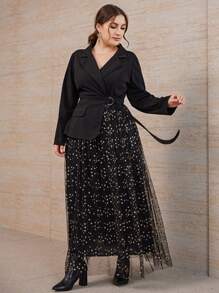 SHEIN LUNE Đầm Plus Size Thắt lưng Tương phản Mesh Thiên hà Thanh lịch - màu đen - Xem 5