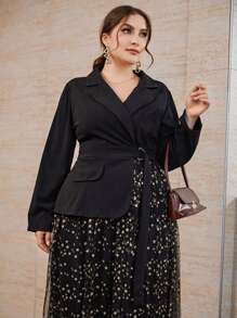 SHEIN LUNE Đầm Plus Size Thắt lưng Tương phản Mesh Thiên hà Thanh lịch - màu đen - Xem 6