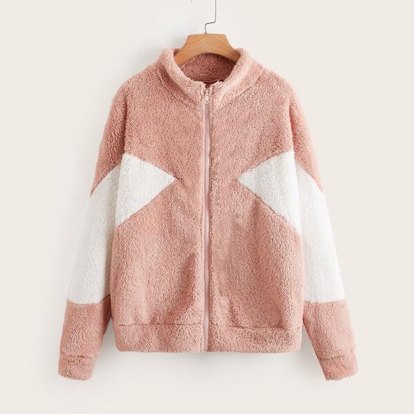 

Zip Up Two Tone Teddy Coat, Coral pink