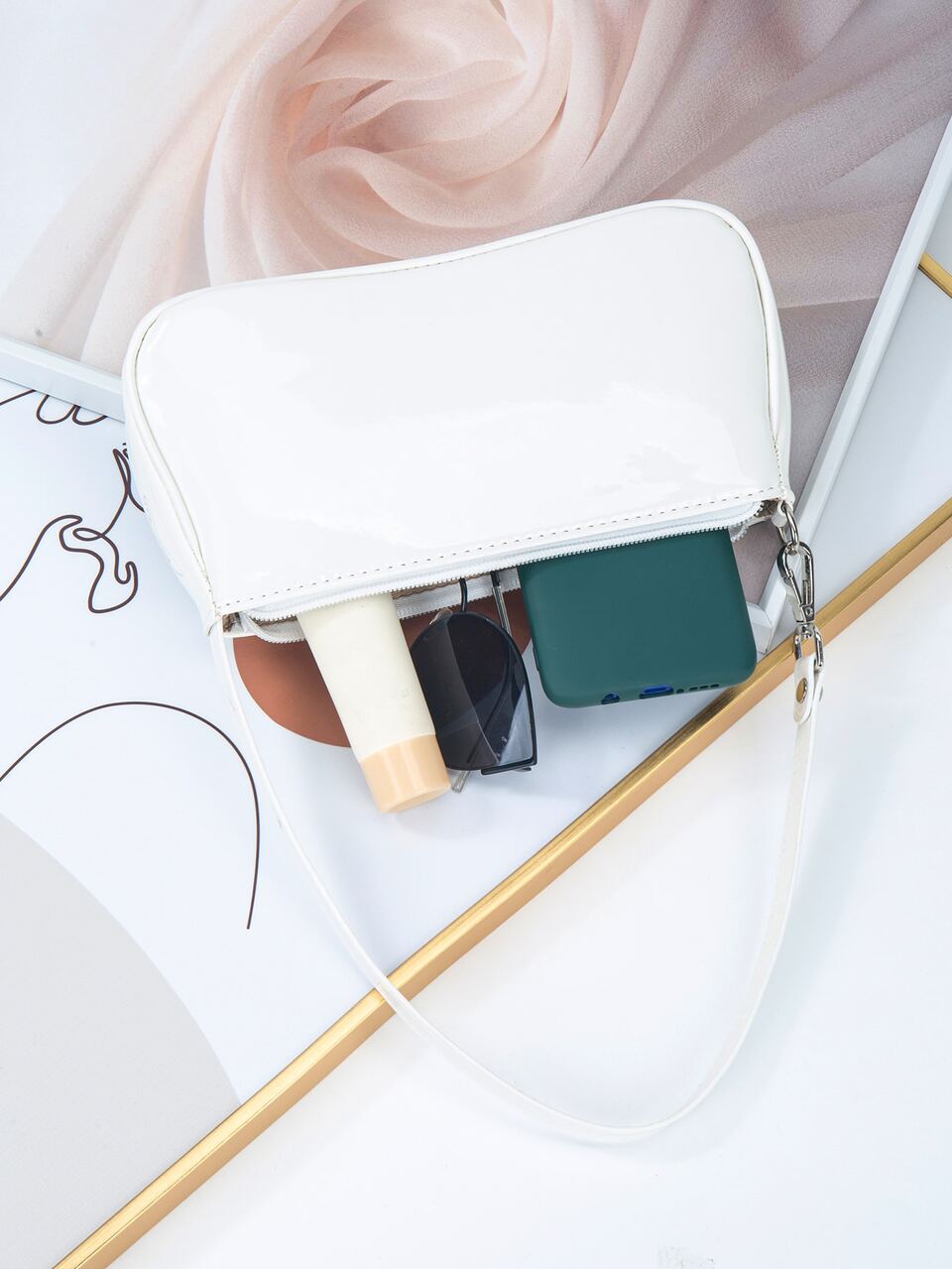 Artificial Patent Leather Cream White Small Shoulder Bag For Teen Girls Women College Students,Rookies & White-Collar Workers Perfect For Office,College,Work ,Business,Commute