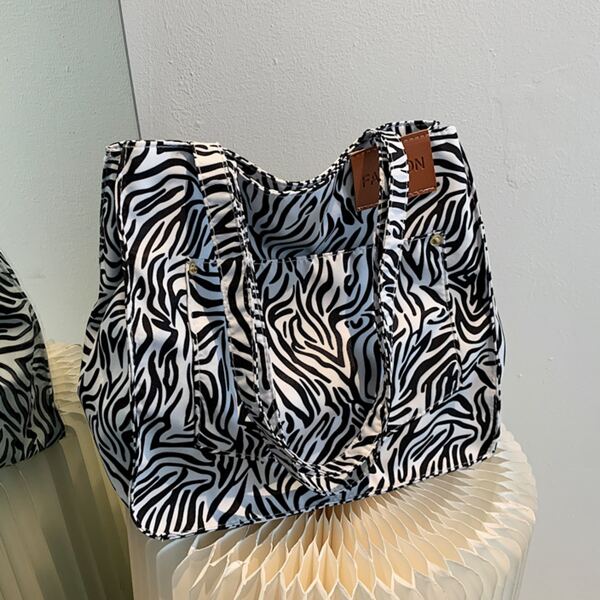

Zebra Stripe Shoulder Tote Bag, Black and white