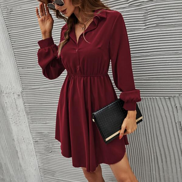

Solid Button Front A Line Dress, Burgundy