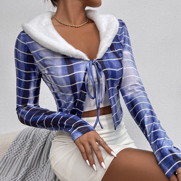 

Borg Collar Striped Tie Dye Knot Front Crop Jacket, Multicolor