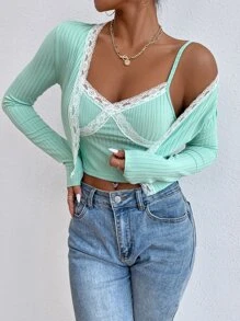 SHEIN Unity Lace Trim Open Front Top & Cami Top - Mint Green - View 3