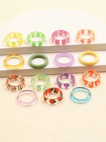 15 件/套透明树脂软粘土心形水果眼爱心图案戒指套装适合女性日常佩戴情人节、妈妈、母亲、母亲节、礼物 - 彩色 - 查看 3