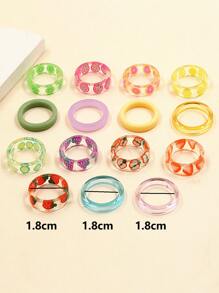 15 件/套透明树脂软粘土心形水果眼爱心图案戒指套装适合女性日常佩戴情人节、妈妈、母亲、母亲节、礼物 - 彩色 - 查看 4