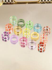 15 件/套透明树脂软粘土心形水果眼爱心图案戒指套装适合女性日常佩戴情人节、妈妈、母亲、母亲节、礼物 - 彩色 - 查看 2