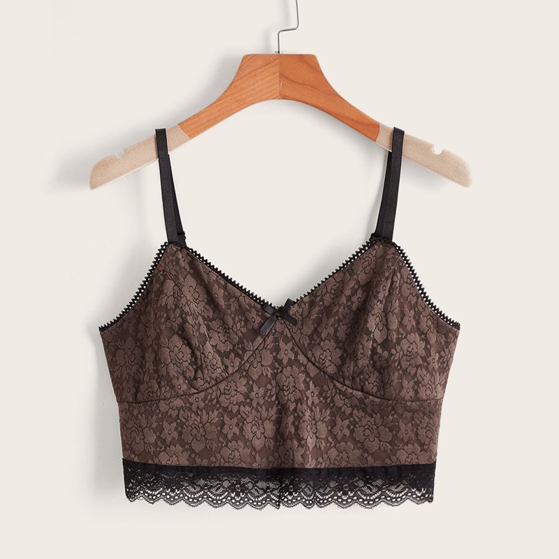 

Contrast Lace Bow Crop Cami, Coffee brown