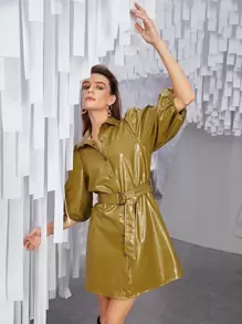 SHEIN Unity Bishop Sleeve PU Leather Coat With Belt - Mustard Yellow - View 2