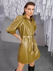 SHEIN Unity Bishop Sleeve PU Leather Coat With Belt - Mustard Yellow - View 3