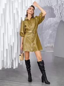 SHEIN Unity Bishop Sleeve PU Leather Coat With Belt - Mustard Yellow - View 4