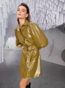 SHEIN Unity Bishop Sleeve PU Leather Coat With Belt - Mustard Yellow - View 5