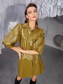 SHEIN Unity Bishop Sleeve PU Leather Coat With Belt - Mustard Yellow - View 6