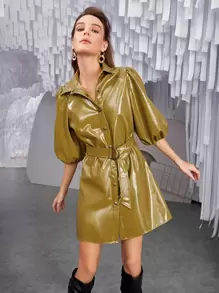 SHEIN Unity Bishop Sleeve PU Leather Coat With Belt - Mustard Yellow - View 7