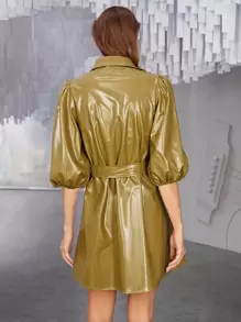 SHEIN Unity Bishop Sleeve PU Leather Coat With Belt - Mustard Yellow - View 8