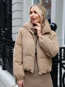 SHEIN Zip Up Corduroy Padded Coat - Camel - View 1