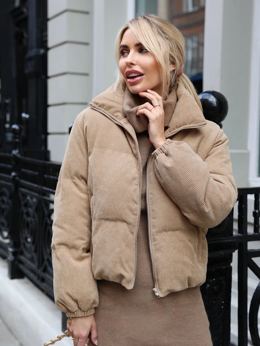 SHEIN Zip Up Corduroy Padded Coat - Camel - View 1