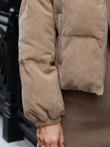 SHEIN Zip Up Corduroy Padded Coat - Camel - View 4