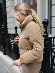 SHEIN Zip Up Corduroy Padded Coat - Camel - View 5