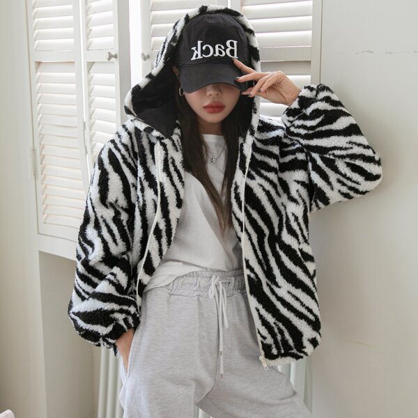

Zebra Striped Zip Front Jacket, Black and white