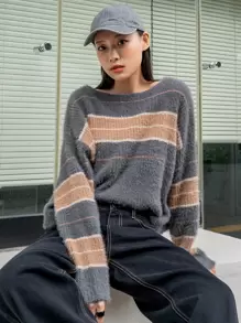 DAZY 條紋圖案撞色落肩袖毛茸茸套頭毛衣 - 彩色 - 查看 1