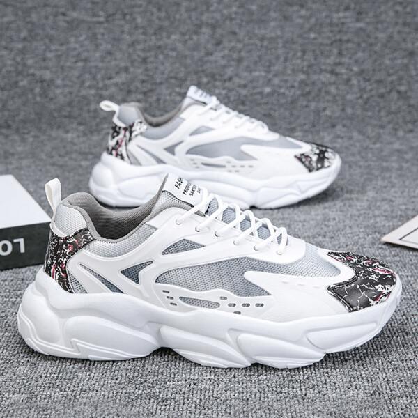 

Men Breathable Letter Patch Lace-Up Front Sneakers, White