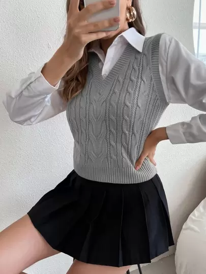 Chiquease Chaleco de punto unicolor tejido de cable sin camisa