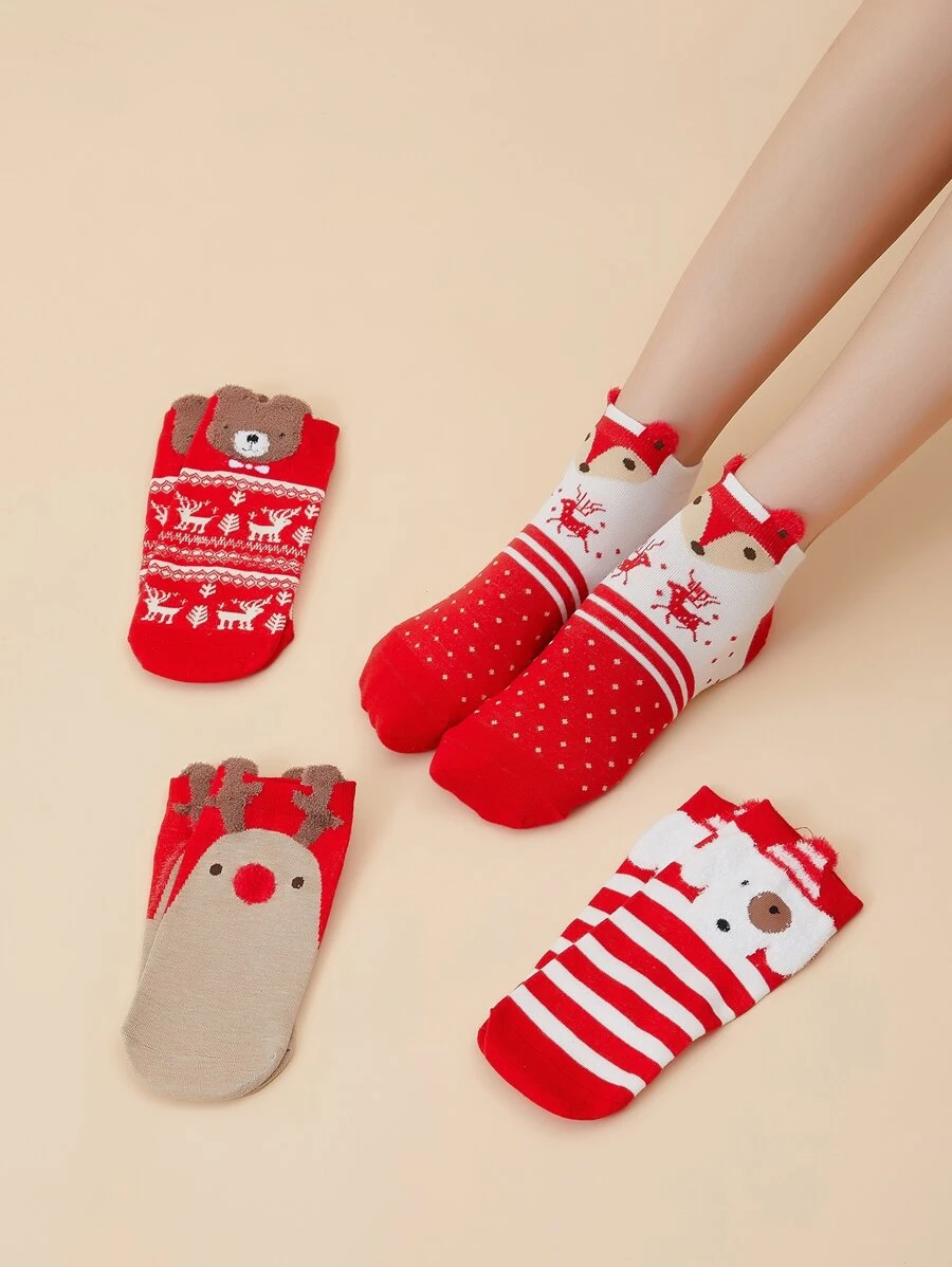 4pairs Christmas Print Ankle Socks - Multicolor - View 1