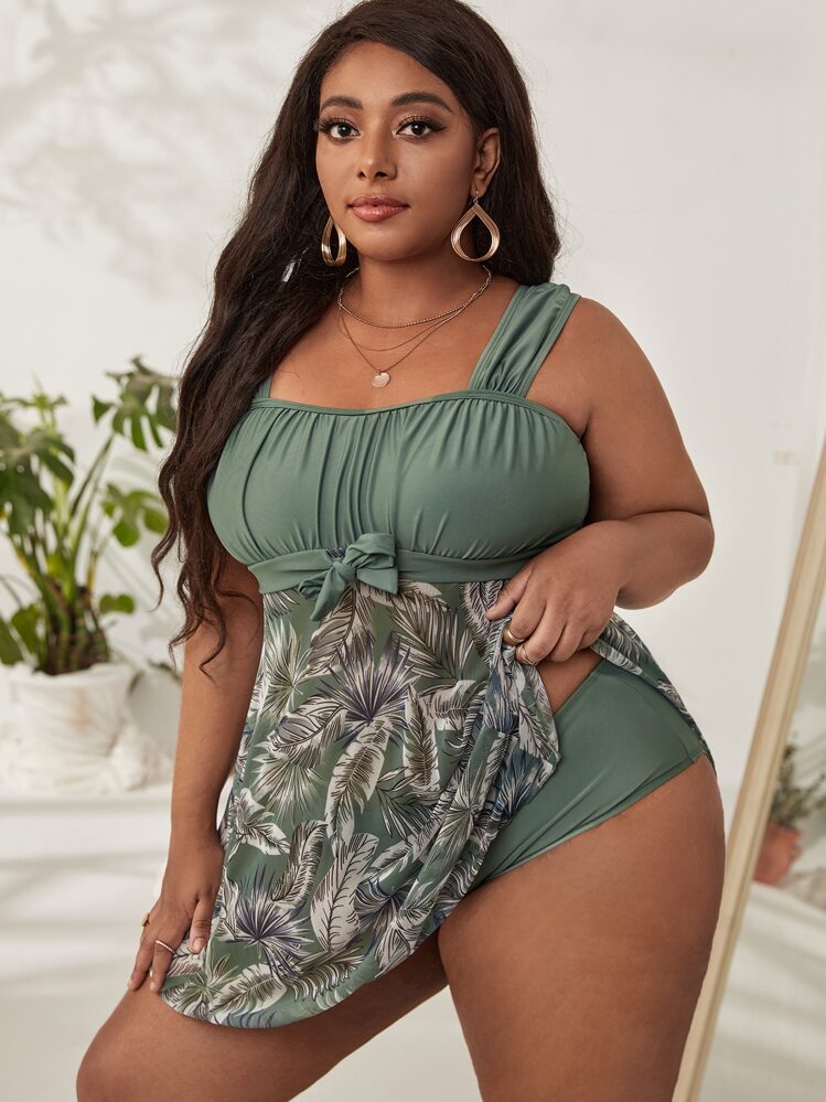 Swim Lushoire 植物印花分体泳衣套装蝴蝶结前褶皱胸围泳衣和比基尼下装两件套泳衣，适合夏季海滩度假 - 彩色 - 查看 1