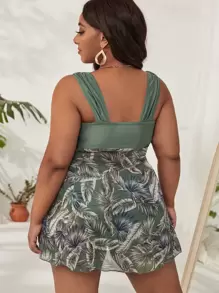 Swim Lushoire Plus Plant Print Tankini Set Bow Front Ruched Bust Swim Dress & Bikini Bottom 2 Piece Swimsuit, For Summer Beach Vacation - Multicolor - View 2