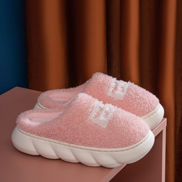 

Letter Patch Fluffy Home Slippers, Pink
