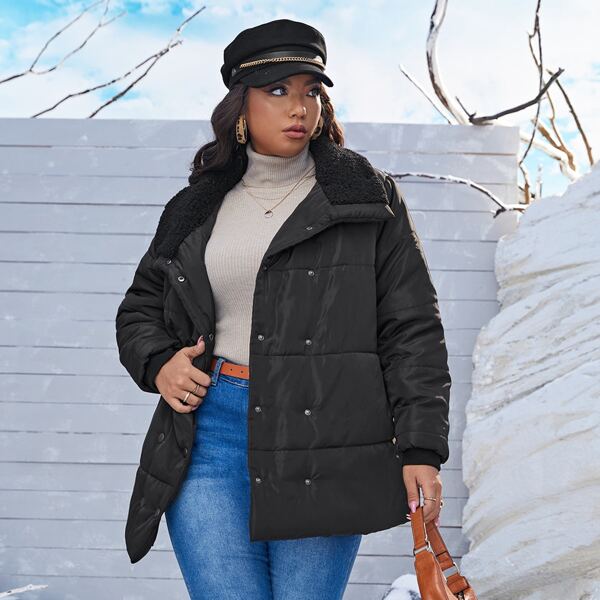 

Plus Borg Collar Double Breasted Puffer Coat, Black