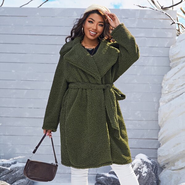 

Plus Drop Shoulder Belted Teddy Coat, Army green