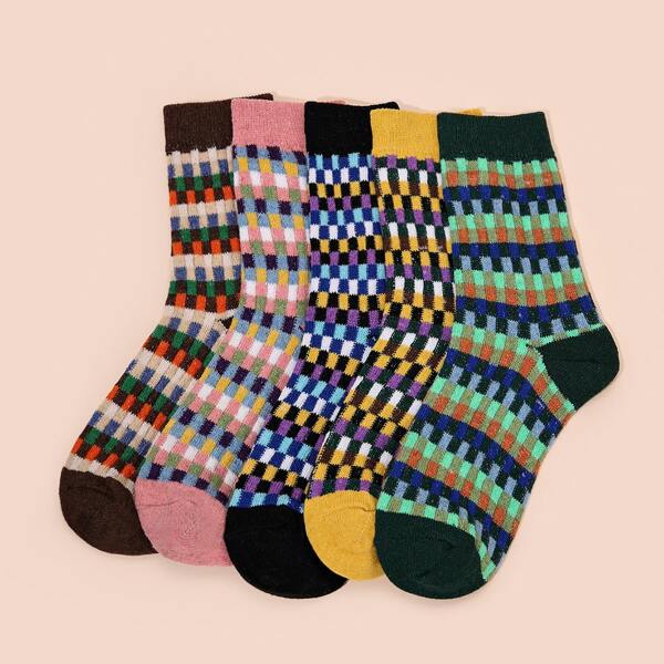 

5pairs Color Block Crew Socks, Multicolor