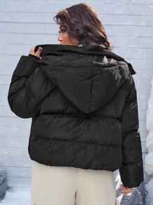 SHEIN Abrigo acolchado con capucha y cremallera de talla grande - Negro - Ver 3