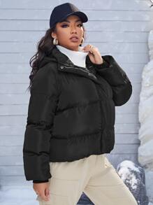 SHEIN Abrigo acolchado con capucha y cremallera de talla grande - Negro - Ver 5