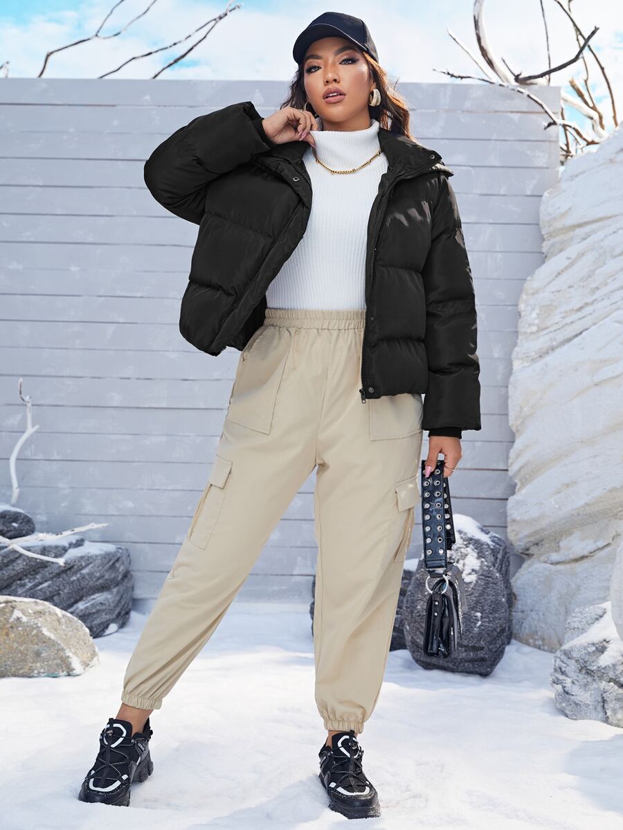 SHEIN Abrigo acolchado con capucha y cremallera de talla grande - Negro - Ver 1