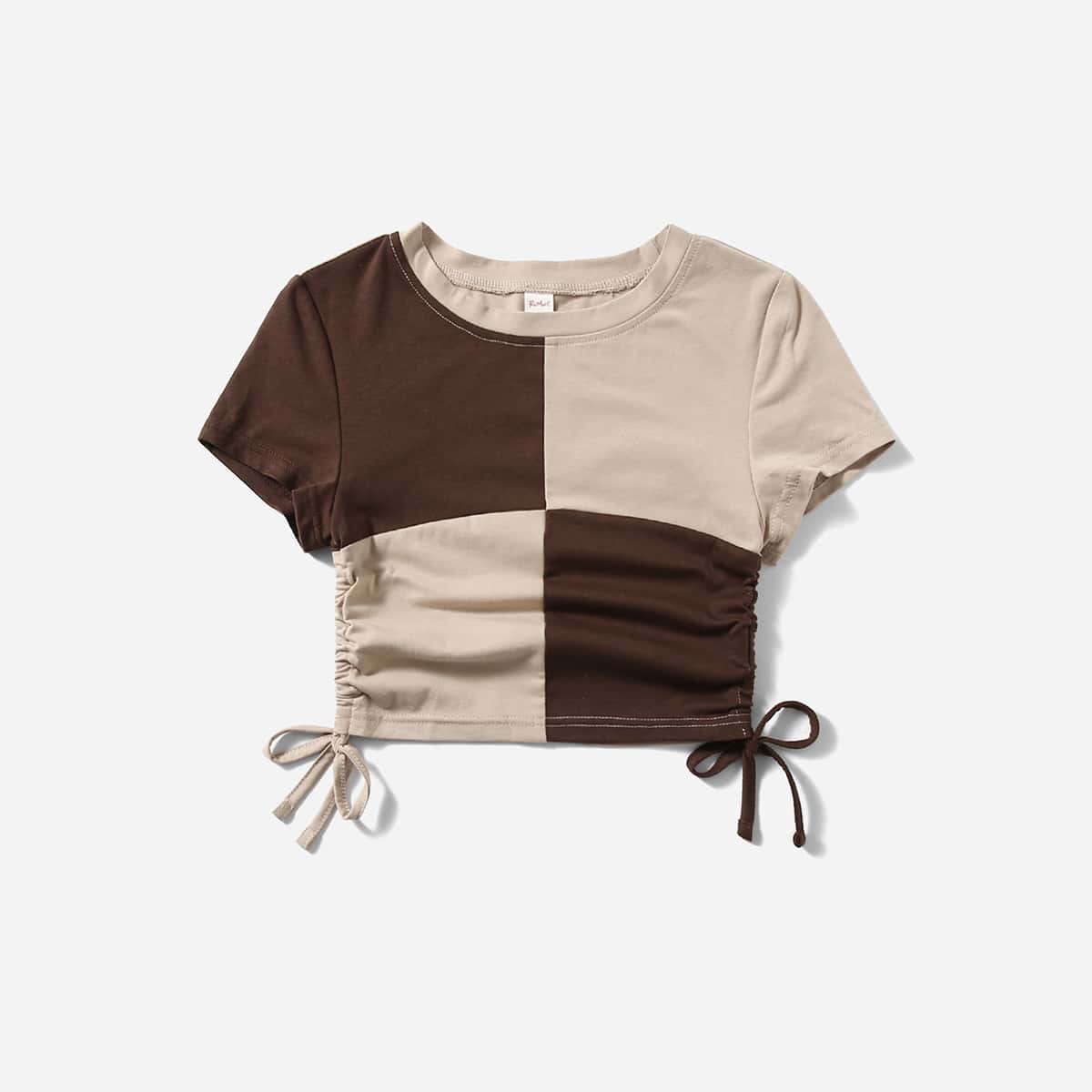 

Colorblock Drawstring Ruched Crop Tee, Multicolor